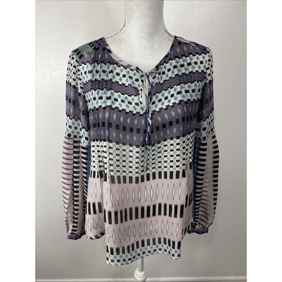 Hale Bob Women's S Silk Blouse Purple Multi Geometric Balloon Sleeve Chiffon EUC - Picture 15 of 15